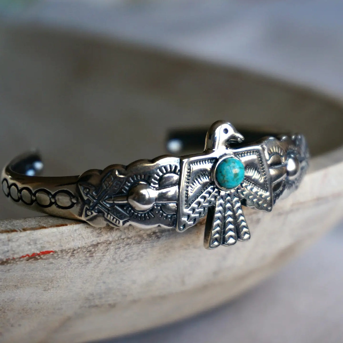 Sterling Silver Handcrafted Stamped Turquoise Thunderbird Cuff 💚Huge Thunderbird Cuff Bracelet main image 1